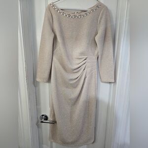 Jessica Howard Beige Long Sleeve Dress with Embellished Neckline